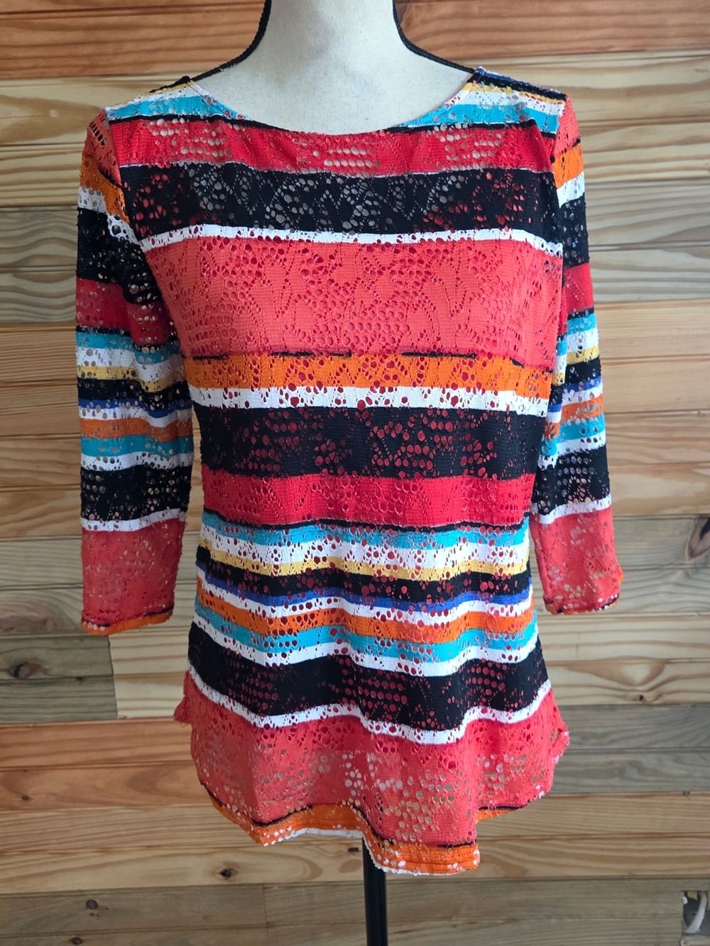 Peck & Peck Red Striped Crochet Lace Blouse